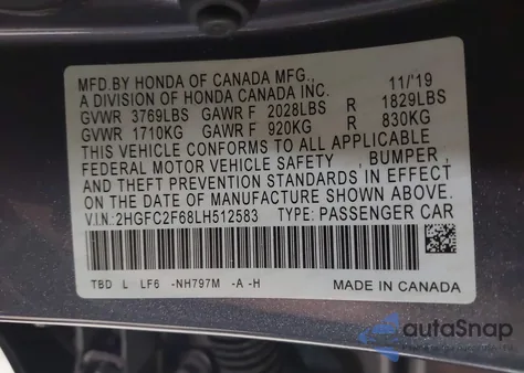 2020 Honda Civic Lx from USA, damaged, VIN 2HGFC2F68LH512583